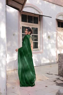 Dark Green Georgette Solid/Zari And Satin Stripes Stone Border Saree Without Blouse 4