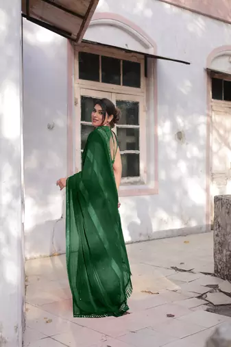 Dark Green Georgette Solid/Zari And Satin Stripes Stone Border Saree Without Blouse