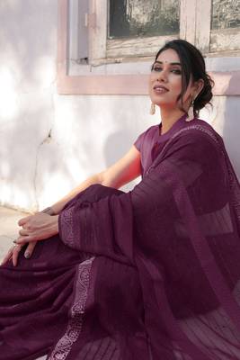Wine Georgette Solid/Zari And Satin Stripes Stone Border Saree Without Blouse 2