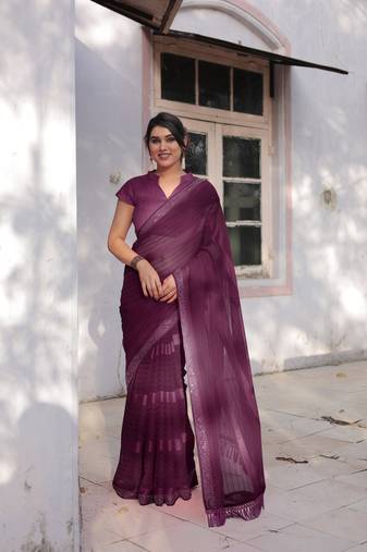 Wine Georgette Solid/Zari And Satin Stripes Stone Border Saree Without Blouse