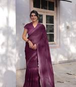 Wine Georgette Solid/Zari And Satin Stripes Stone Border Saree Without Blouse