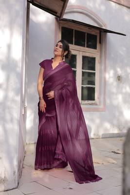 Wine Georgette Solid/Zari And Satin Stripes Stone Border Saree Without Blouse 3