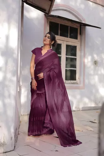 Wine Georgette Solid/Zari And Satin Stripes Stone Border Saree Without Blouse