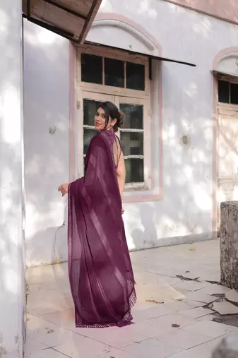 Wine Georgette Solid/Zari And Satin Stripes Stone Border Saree Without Blouse