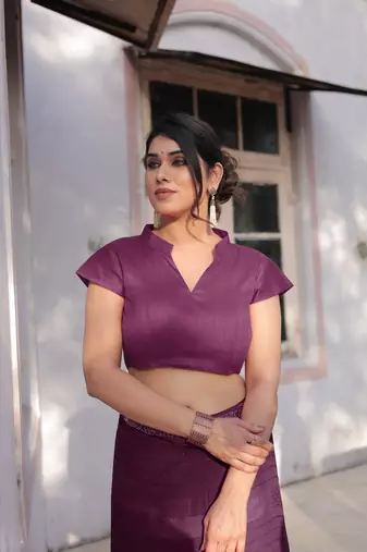 Wine Georgette Solid/Zari And Satin Stripes Stone Border Saree Without Blouse