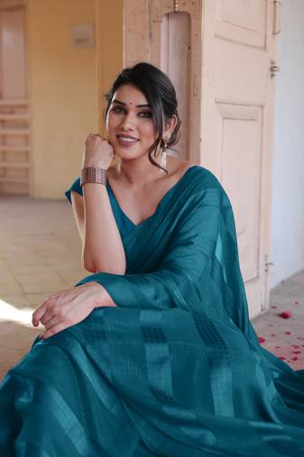 Dark Rama Blue Georgette Satin Stripes/Zari Lines Saree Without Blouse