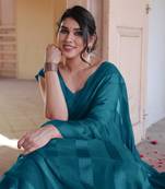 Dark Rama Blue Georgette Satin Stripes/Zari Lines Saree Without Blouse