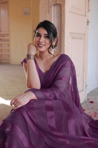 Wine Georgette Satin Stripes/Zari Lines Saree Without Blouse