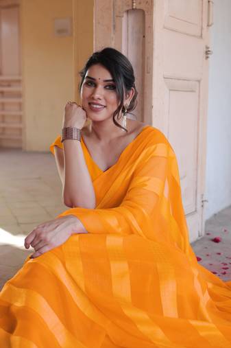 Yellow Georgette Satin Stripes/Zari Lines Saree Without Blouse