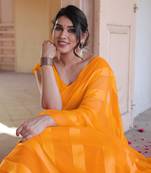 Yellow Georgette Satin Stripes/Zari Lines Saree Without Blouse