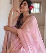 Light Peach Pink Georgette Satin Stripes/Zari Lines Saree Without Blouse