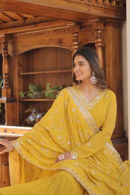 Yellow Color Designer Trending Georgette Gown Dupatta Collection 5