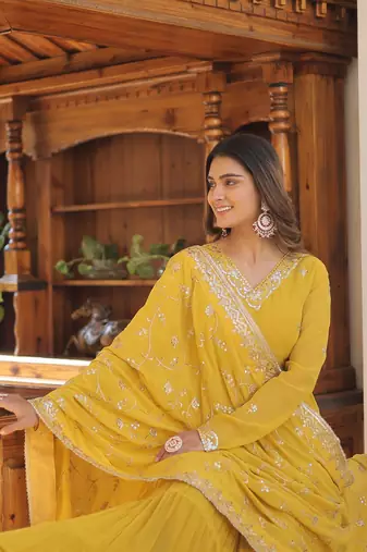 Yellow Color Designer Trending Georgette Gown Dupatta Collection