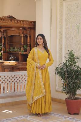 Yellow Color Designer Trending Georgette Gown Dupatta Collection 6