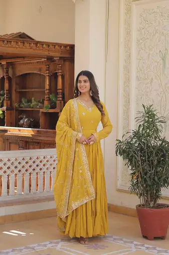 Yellow Color Designer Trending Georgette Gown Dupatta Collection