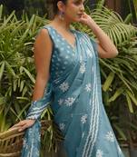 Dusty Blue Chiffon Floral Print/Block Print Printed Saree Without Blouse