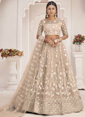 Dusty Chiku Butterfly Net Embroidered Thread Wedding Lehenga 1