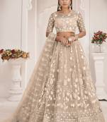 Dusty Chiku Butterfly Net Embroidered Thread Wedding Lehenga