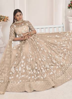 Dusty Chiku Butterfly Net Embroidered Thread Wedding Lehenga 2