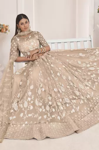 Dusty Chiku Butterfly Net Embroidered Thread Wedding Lehenga