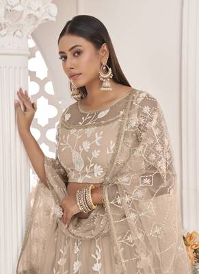 Dusty Chiku Butterfly Net Embroidered Thread Wedding Lehenga 3