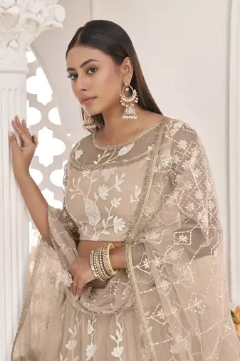 Dusty Chiku Butterfly Net Embroidered Thread Wedding Lehenga