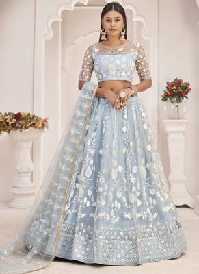 Light Sky Butterfly Net Embroidered Thread Wedding Lehenga 1