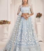 Light Sky Butterfly Net Embroidered Thread Wedding Lehenga