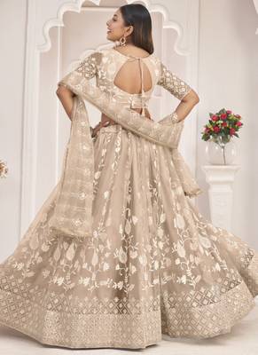 Dusty Chiku Butterfly Net Embroidered Thread Wedding Lehenga 4
