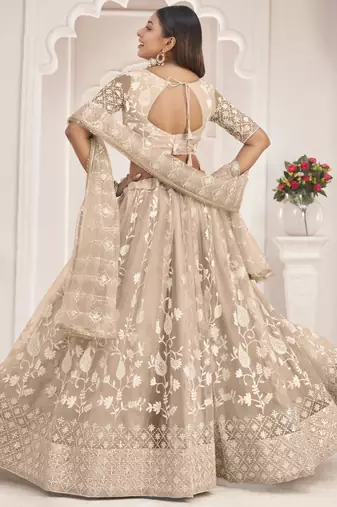 Dusty Chiku Butterfly Net Embroidered Thread Wedding Lehenga