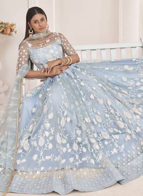 Light Sky Butterfly Net Embroidered Thread Wedding Lehenga 2