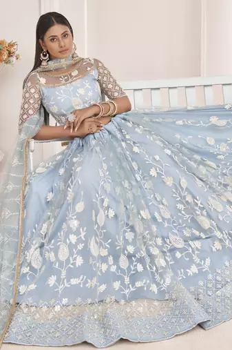 Light Sky Butterfly Net Embroidered Thread Wedding Lehenga