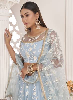 Light Sky Butterfly Net Embroidered Thread Wedding Lehenga 3