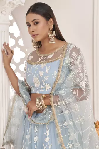 Light Sky Butterfly Net Embroidered Thread Wedding Lehenga