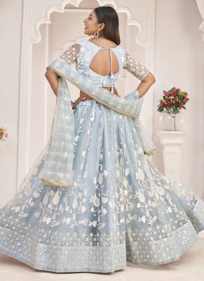 Light Sky Butterfly Net Embroidered Thread Wedding Lehenga 4