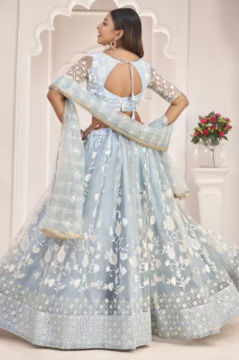 Light Sky Butterfly Net Embroidered Thread Wedding Lehenga
