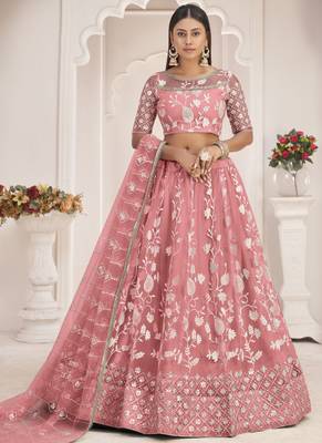Peach Butterfly Net Embroidered Thread Wedding Lehenga 1