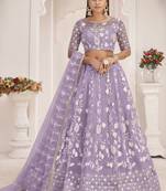 Lavender Butterfly Net Embroidered Thread Wedding Lehenga
