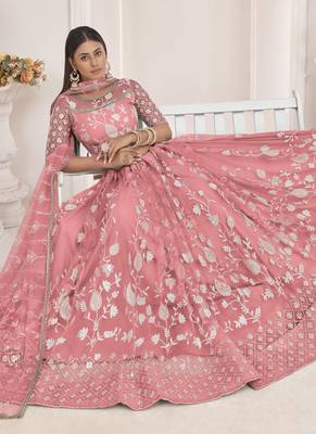 Peach Butterfly Net Embroidered Thread Wedding Lehenga 2
