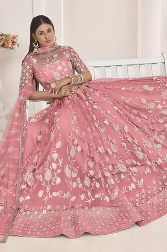 Peach Butterfly Net Embroidered Thread Wedding Lehenga