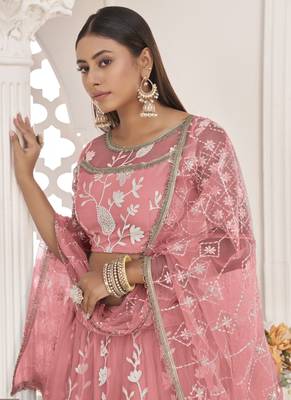 Peach Butterfly Net Embroidered Thread Wedding Lehenga 3