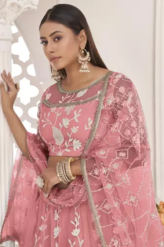 Peach Butterfly Net Embroidered Thread Wedding Lehenga
