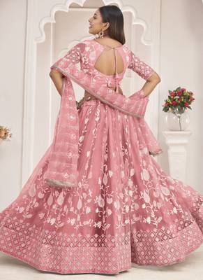 Peach Butterfly Net Embroidered Thread Wedding Lehenga 4