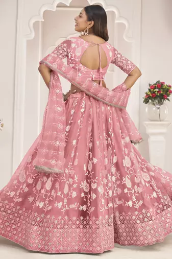 Peach Butterfly Net Embroidered Thread Wedding Lehenga