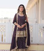 WINE COLOR PREMIUM DESIGNER READYMADE KURTI-GHARARA-DUPATTA COLLECTIONS