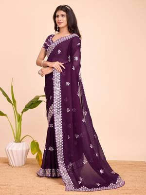 Purple pure soft zimmy choo silk saree with embroidery 3 mm sequence work saree with stitched blouse 1