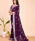 Purple pure soft zimmy choo silk saree with embroidery 3 mm sequence work saree with stitched blouse
