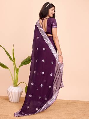 Purple pure soft zimmy choo silk saree with embroidery 3 mm sequence work saree with stitched blouse 2
