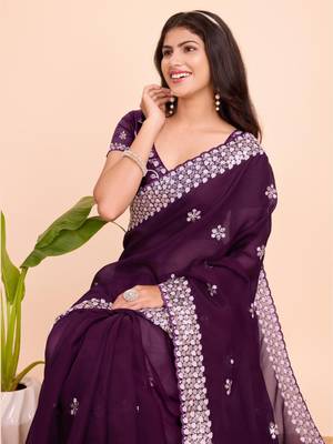 Purple pure soft zimmy choo silk saree with embroidery 3 mm sequence work saree with stitched blouse 3