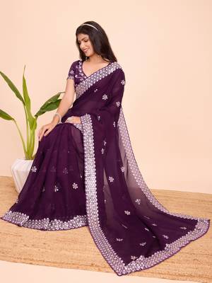 Purple pure soft zimmy choo silk saree with embroidery 3 mm sequence work saree with stitched blouse 4